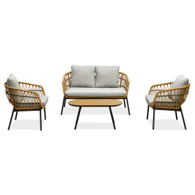 Zahradní set 1+1+2, stůl 90x48, židle a dvojsedačka, přírodní umělý ratan, kov antracit, světle šedá látka