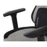 Herní křeslo, stříbrná látka, houpací mechanismus, polohování opěradla 90°-180°, 3D područky, polštáře z paměťové pěny,