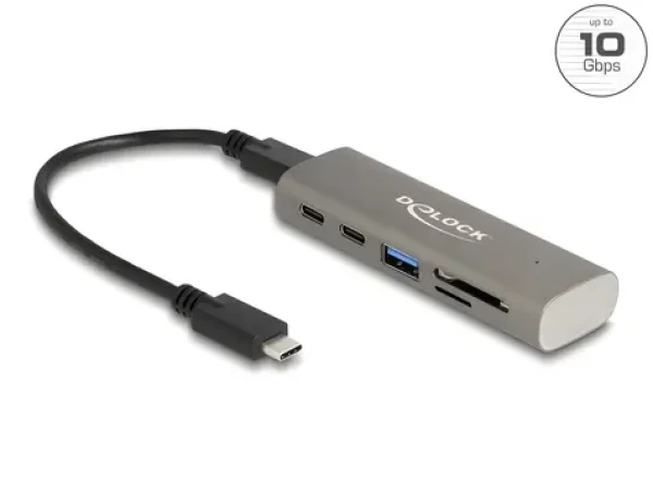 DeLock USB-C Hub šedá / USB hub / 10 Gbps / 3× USB-C + 1× USB-A / čtečka SD a microSD karet (64236)