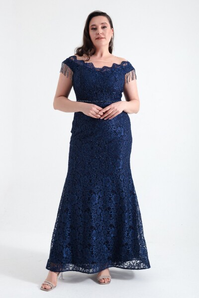 Lafaba Women's Navy Blue Laced Sleeves Beaded Plus Size Evening Dress