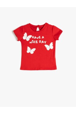 Koton Embroidered Butterflies T-Shirt with Slogan Detailed Crew Neck Short Sleeves.