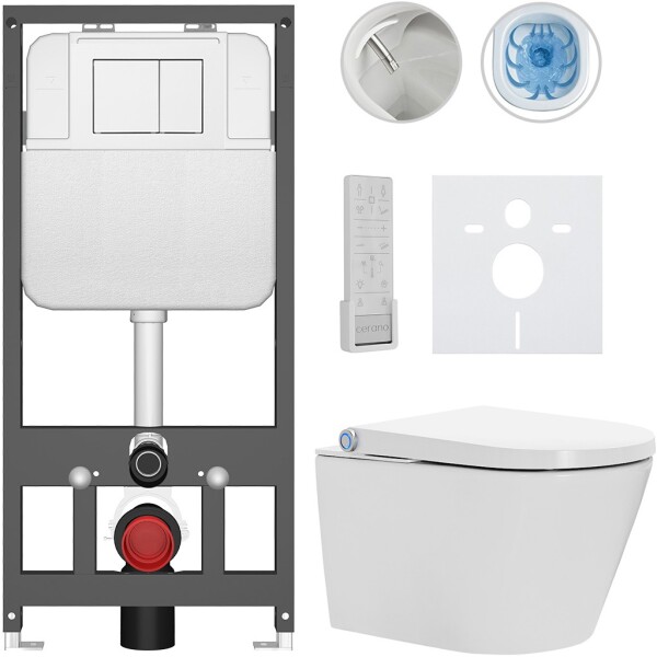 CERANO Závěsné WC s bidetem Basic/Cronus Premium - bílá lesklá - WC tlačítko Maxio/Bílá - závěsné - předstěnová instalace - 59,3x38,4 cm