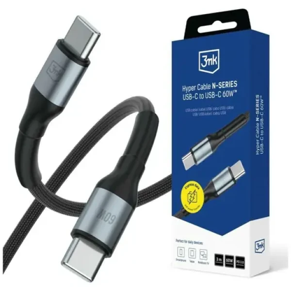 3mk Hyper kabel N-SERIES USB-C na USB-C černá / Datový kabel / 3 m / 60W / PD 3.0 / QC 3.0 (5903108739191)