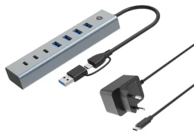 Conceptronic USB hub 7 portů šedá / USB hub / 4x USB-A 3.0 + 3x USB-C / 5 Gbit/s / napájecí adaptér (HUBBIES20GP)