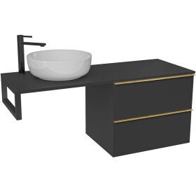 CERANO - Koupelnová skříňka Velora - černá matná, úchytka zlatá + deska pod umyvadlo Navira Slim - 18 mm + konzole černá - 120x54,8x46,5 CER-668024