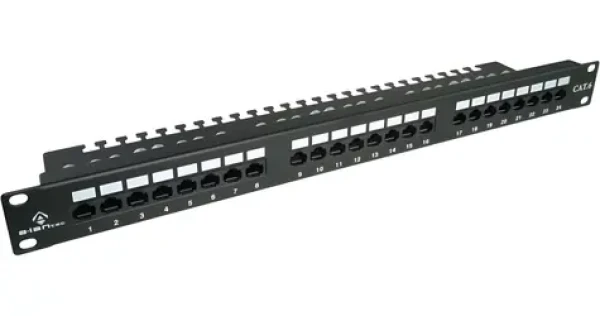 Patch panel UTP Cat.6 24 portů černý / Patch panel / 1U / RJ-45 / LSA / s policí (PK001)