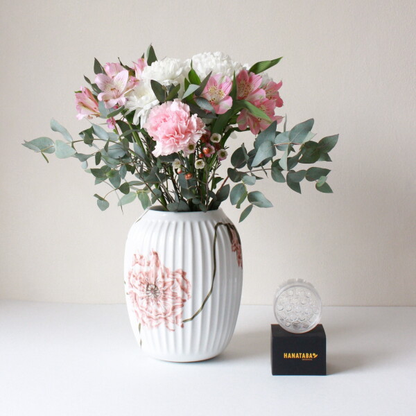 KÄHLER Exkluzivní set: váza Hammershøi Poppy 20 cm + aranžovací kroužek Hanataba, růžová barva, bílá barva, porcelán