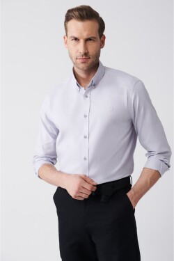 Avva Men's Light Gray Oxford 100% Cotton Buttoned Collar Regular Fit Shirt
