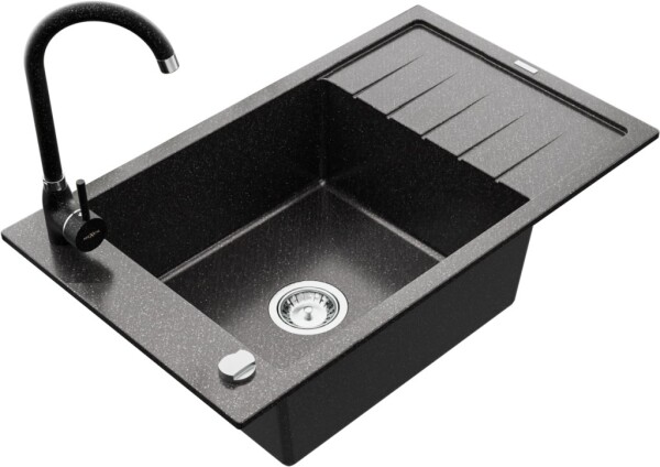 MEXEN/S - Elias granitový dřez 1 s odkapávačem včetně baterie Telma, černá kropenatý 6511-76-670200-76