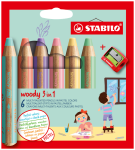 Pastelky STABILO Woody 3in1, sada 6 ks v pouzdru s ořezávátkem