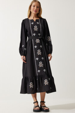 Happiness İstanbul Women's Black Embroidered Linen Surface Long Woven Dress