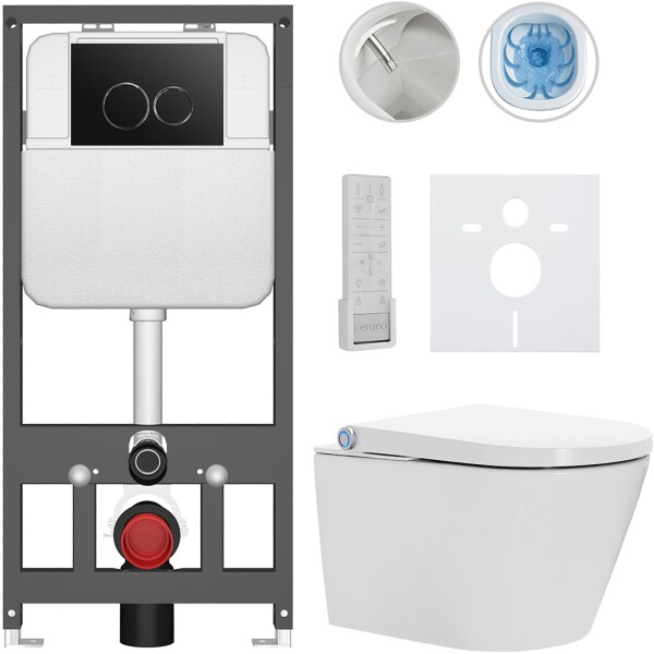 CERANO Závěsné WC s bidetem Basic/Cronus Premium - bílá lesklá - WC tlačítko Dualo/Černá - závěsné - předstěnová instalace - 59,3x38,4 cm