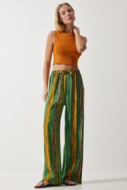 Happiness İstanbul Women's Green Yellow Patterned Flowing Viscose Palazzo Trousers