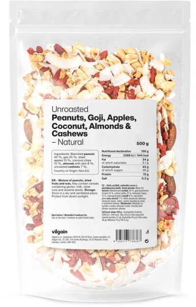 Vilgain Směs nepražených ořechů a ovoce – 3× Arašídy, goji, jablka, kokos, mandle a kešu 500 g