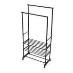 Stojan na šaty dvouramenný se třemi policemi, černá barva, kov / plast, chrom