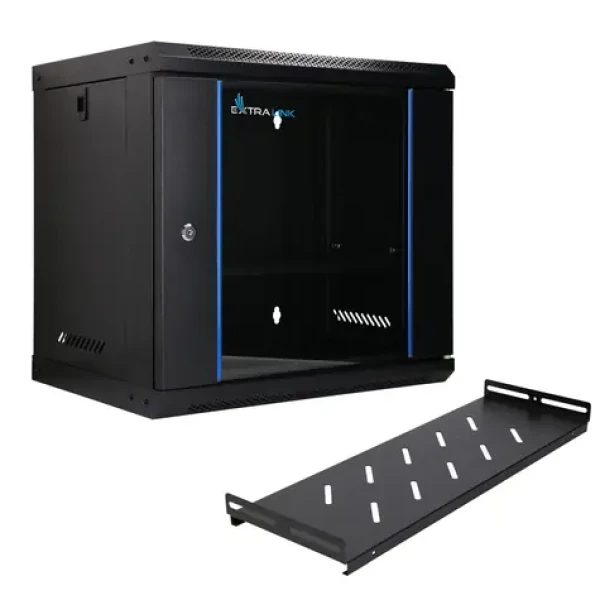 Extralink LITE černá / Nástěnná skříň / 19" / 9U / skleněné dveře / 530 x 400 mm / s policí (EX.28792)