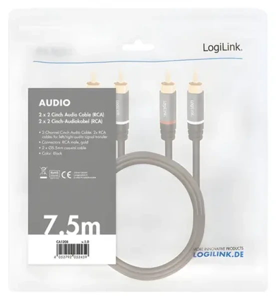LogiLink 2x RCA - 2x RCA černá / Audio kabel / pozlacené konektory / 7,5 m (CA1208)