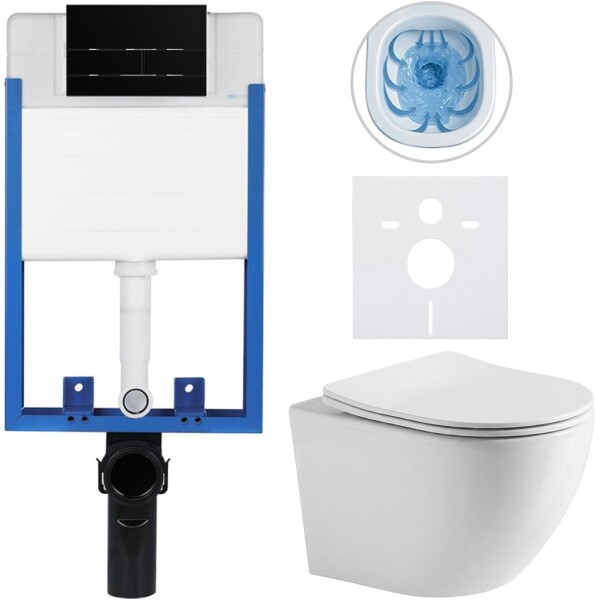 CERANO Kompletní podomítkový WC set Lite/Cesso - bílá lesklá - WC tlačítko Line, černá matná - k zazdění - 49x36 cm - 8050BD84240