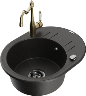 MEXEN/S - Kevin granitový dřez 1-miska s odkapávačem včetně baterie Carla, černá/zlatá metalik 6517-75-670700-50-B