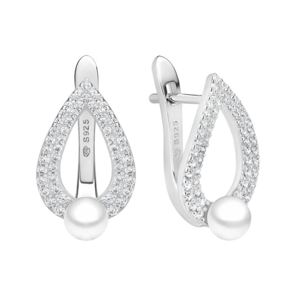 Stříbrné náušnice s bílou perlou a zirkony Graciela - stříbro 925/1000, Stříbrná Bílá