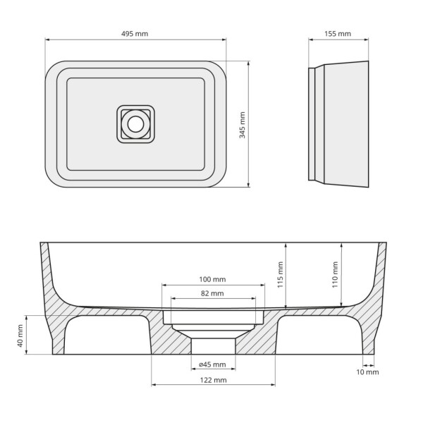POLYSAN - BANERA SQUARE umyvadlo na desku, litý mramor, 50x36cm, bílá 14596