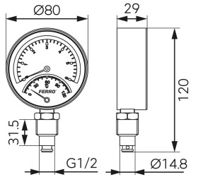 NOVASERVIS - Termomanometr 80mm 1/2" RADIÁLNÍ 0-6bar 120°C TM80R