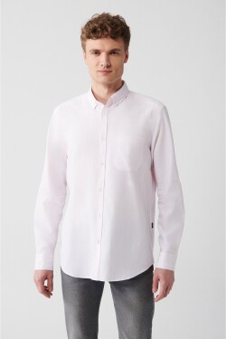 Avva Men's Light Pink 100% Cotton Oxford Buttoned Collar Striped Standard Fit Regular Fit Shirt