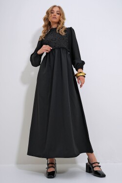 Trend Alaçatı Stili Women's Black Stand Collar Crochet Braided Back Zipper Woven Dress