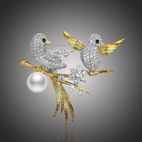 Exkluzivní brož Swarovski Elements D´Onofrio - ptáčci, Zlatá