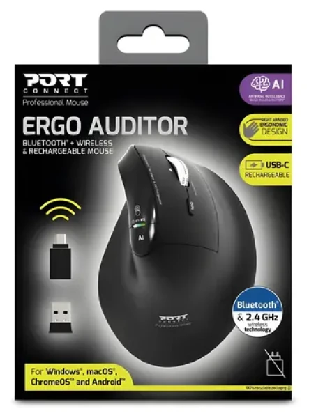 PORT CONNECT ERGO AUDITOR černá / Bezdrátová ergonomická myš / Bluetooth + 2,4 GHz / 4 800 DPI / 6 tlačítek (910204)