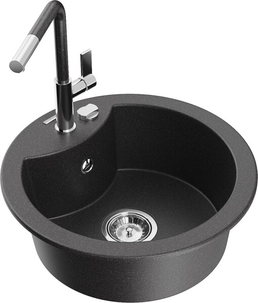 MEXEN/S - Diego granitový dřez 1-miska včetně baterie Flora, černá kropenatá 6512-76-670401-08
