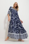 Trend Alaçatı Stili Women's Navy Blue Front Laced Patterned Woven Viscose Dress