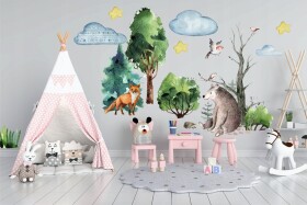 DumDekorace Dekorační nálepka na zeď pro děti s motivem lesa a zvířátek 100 x 200 cm