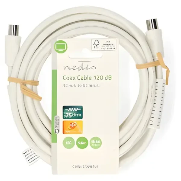 Nedis Koaxiální kabel IEC zástrčka-zásuvka bílá / Koaxiální kabel / 120 dB / 75 Ohm / 4x stínění / 5 m / PVC (CSGL40020WT50)