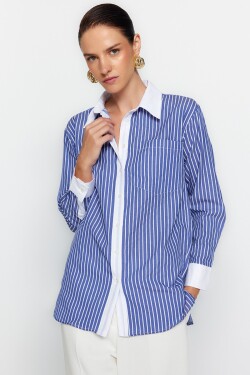 Trendyol modrá pruhovaná kapsová oversize široká tkaná košile