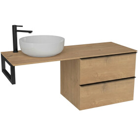 CERANO - Koupelnová skříňka Velora - dub medový, úchytka černá + deska pod umyvadlo Navira Slim - 18 mm + konzole černá - 140x54,8x46,5 CER-668084
