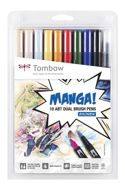 Tombow Tombow, ABT-10C-MA, ABT Dual Brush pen, oboustranné popisovače, Manga set Shonen, 10 ks