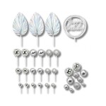 Dortisimo Zápich do dortu Happy Birthday se stříbrnými listy a koulemi (26 ks)