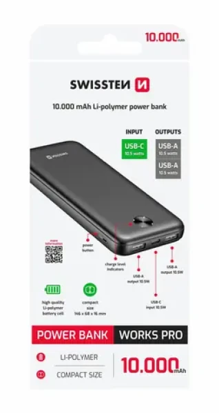 SWISSTEN WORX PRO černá / Powerbanka / 10000mAh / 2x USB-A + 1x USB-C (22013949)