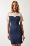Happiness İstanbul Women's Cream Navy Color Block Wrap Mini Knitted Dress