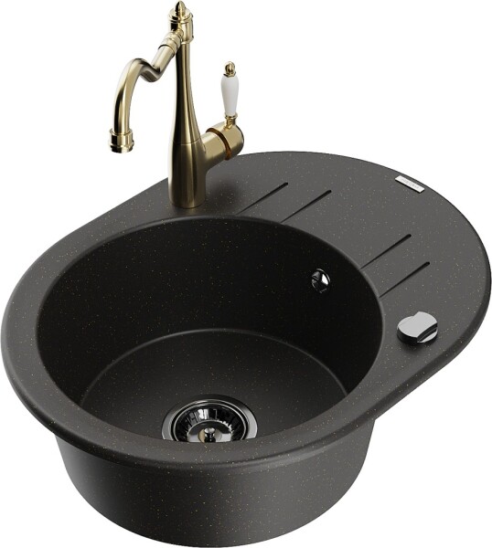 MEXEN/S - Kevin granitový dřez 1-miska s odkapávačem včetně baterie Carla, černá/zlatá metalik 6517-75-670700-50-B