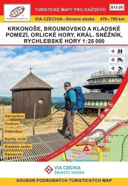 VIA CZECHIA Severní stezka, BOX S13-20 Krkonoše-Rychlebské hory 25 000, 476. 785. km Severní stezky (pěší varianta); Harrachov Trutnov