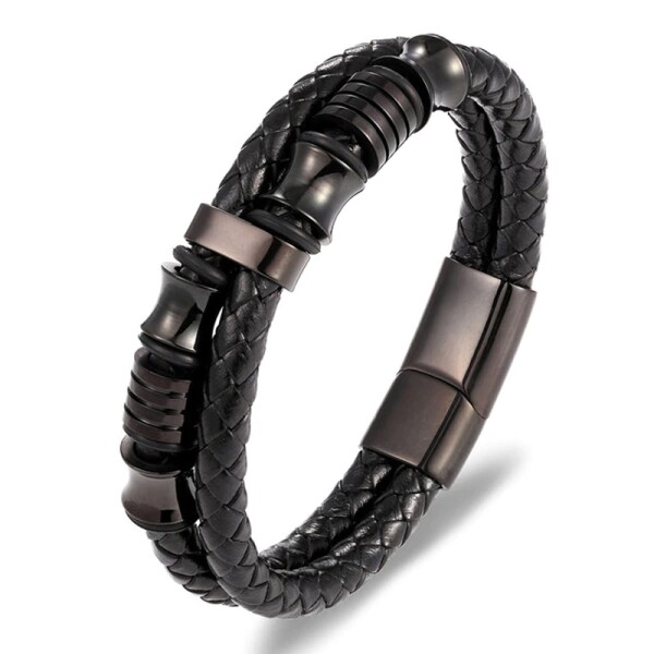 Pánský náramek Nataniel Black, chirurgická ocel, kůže, Černá 25 cm