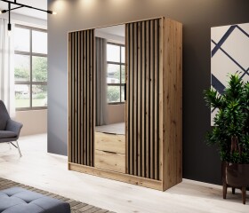 FRONTI Šatní skříň NELLY 3D zrcadlo dub artisan + černá 13182