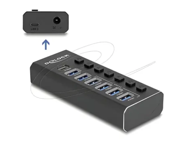 DeLock 7portový USB hub černá / USB hub / 4× USB-A 5 Gbps + 2× USB-A 10 Gbps + USB-C 10 Gbps / kovové tělo / AC adaptér (64326)