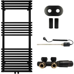 CERANO Koupelnový radiátorový set Luigi - kombinované výtápění, termo tyč - středové připojení 50 mm - 300W - černá matná - 1200x500 mm
