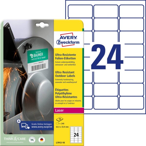 Avery-Zweckform L7912-10 Fóliové etikety 63.5 x 33.9 mm polyethylenová fólie bílá 240 ks trvalé barevná laserová tiskárna, laserová tiskárna, barevná kopírka,