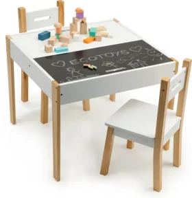 ECOTOYS Dětský dřevěný stůl s tabulí a dvěma židličkami (OT143)