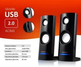 Počítačové reproduktory AC860 černé / Reproduktory / 2.0 / 4W RMS / USB napájení / Jack 3.5mm (AC860)