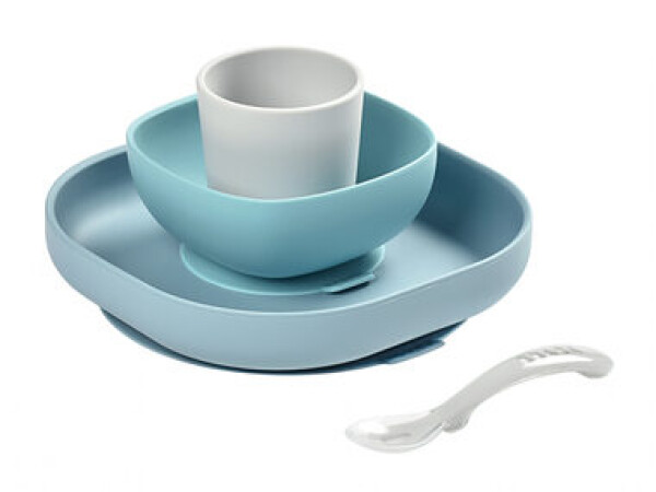 Beaba Jídelní souprava Silicone Meal Set ze silikonu modrá pro miminka od 4 měs 4 dílná